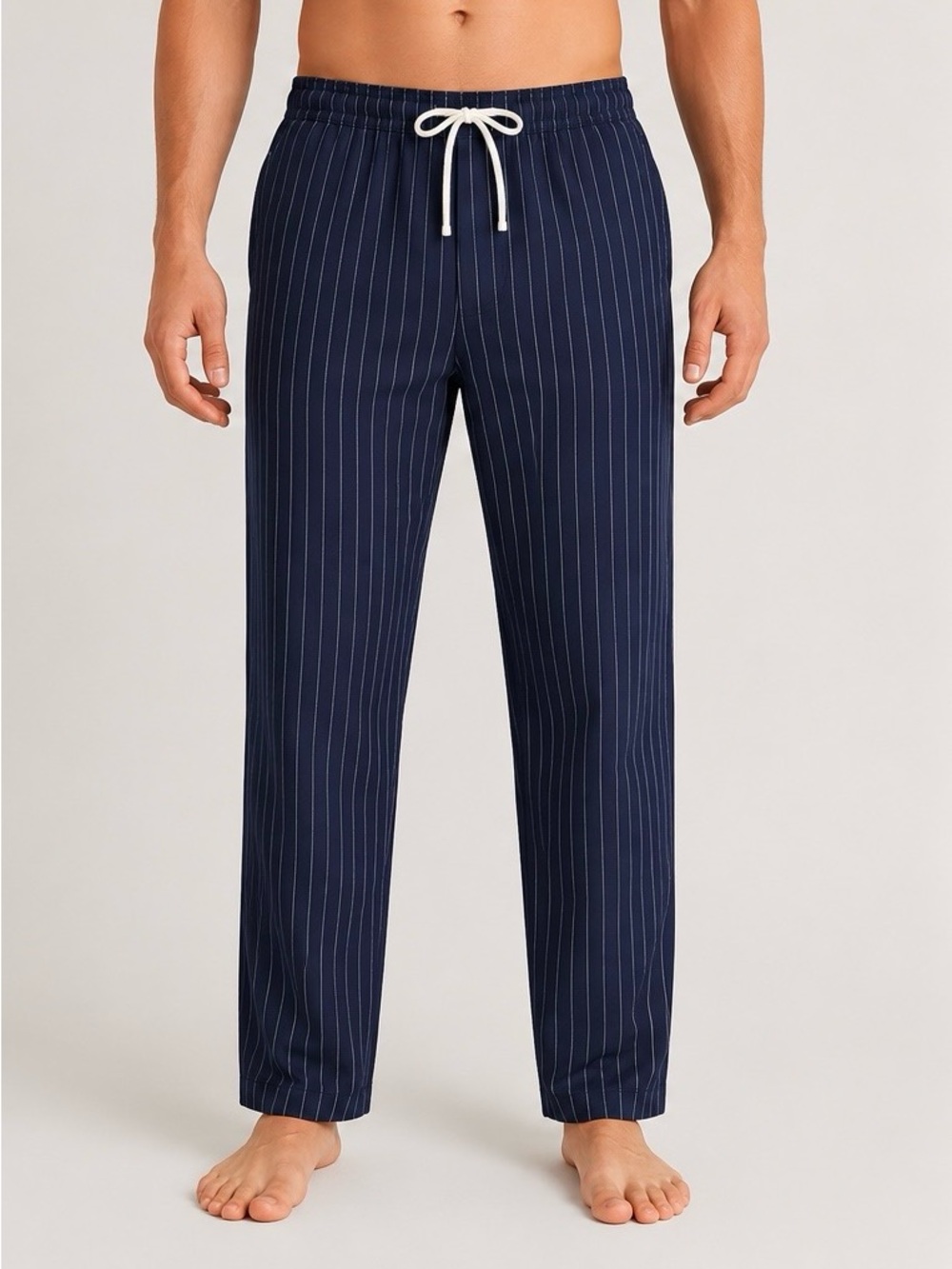 American Eagle Navy Pinstripe Lounge Pants with Cream Drawstring